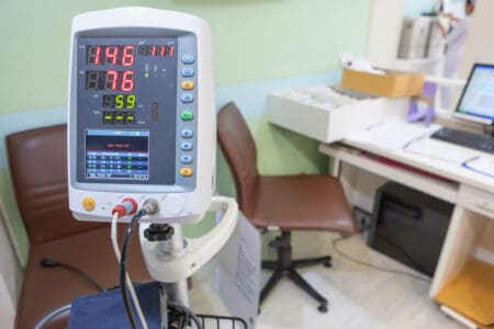 Coaxial cables plugged into patient monitoring equipment